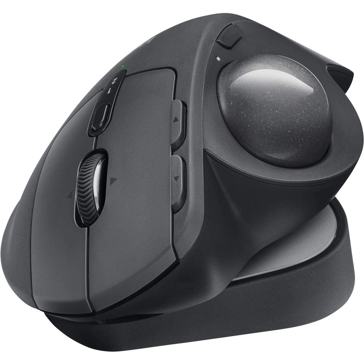 Logitech MX Ergo Plus trackball front view emphasizing ergonomic grip.