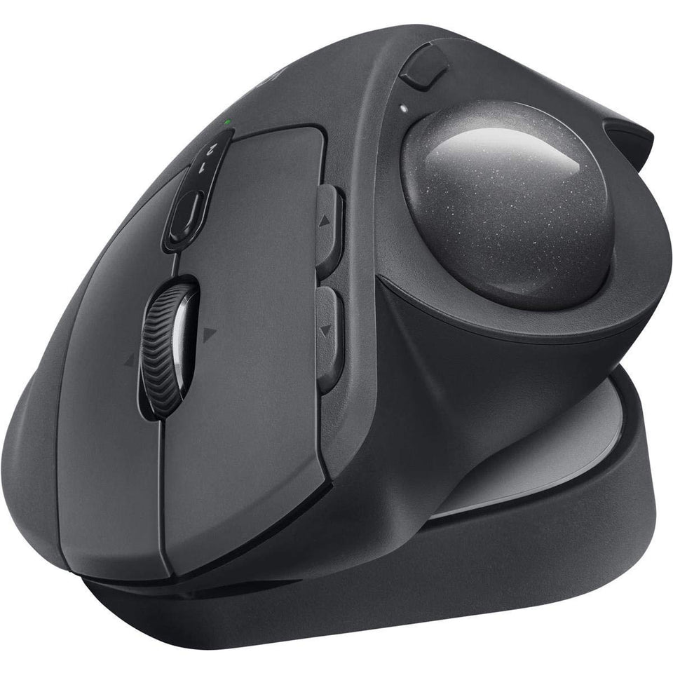 Logitech MX Ergo Plus trackball front view emphasizing ergonomic grip.