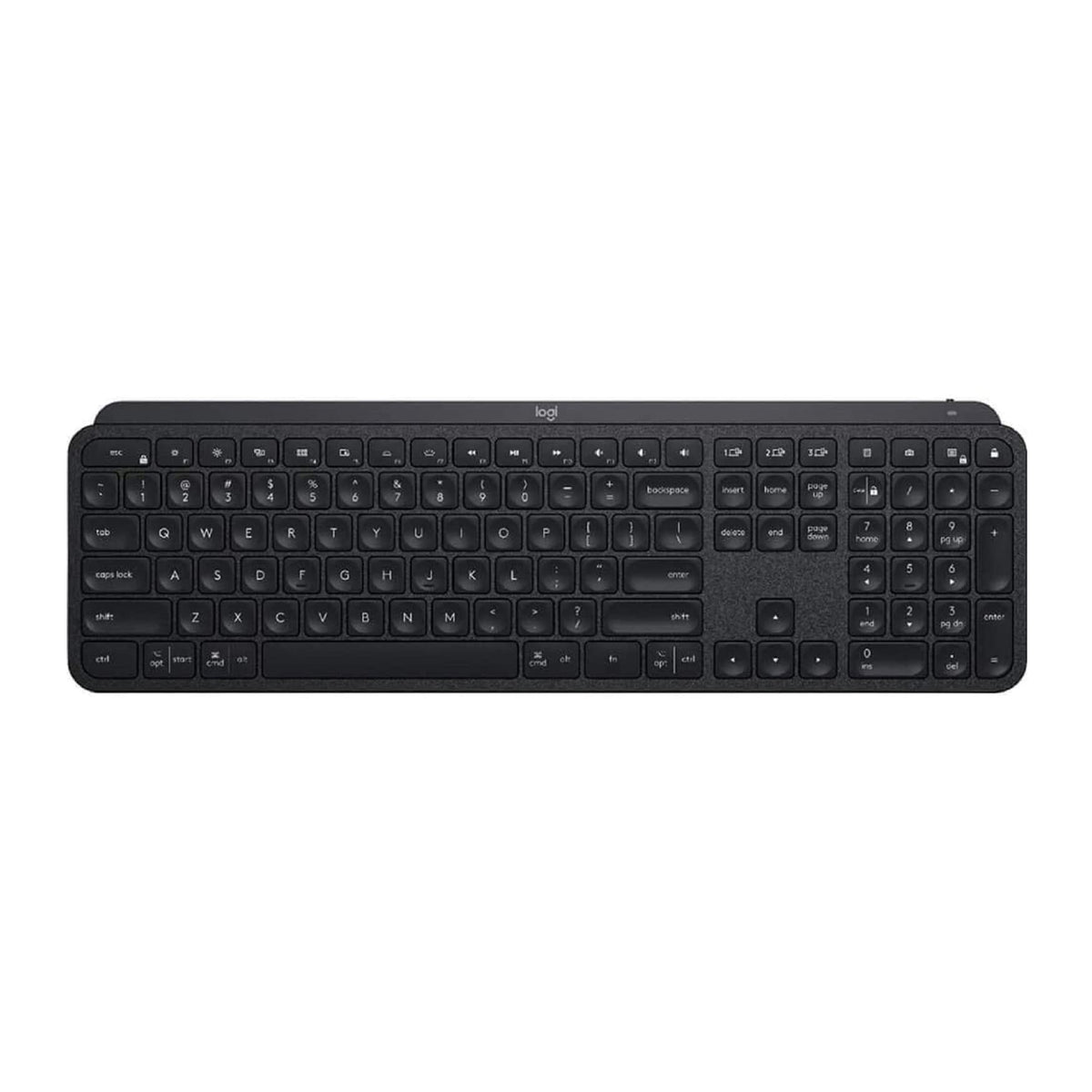 Logitech MX Keys backlit keys glowing for easy typing in dim lighting.