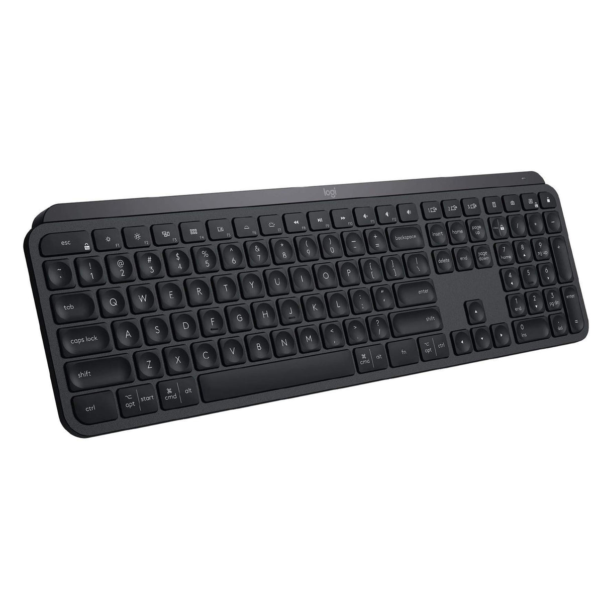 Logitech MX Keys front view highlighting a spacious typing area for comfortable work.