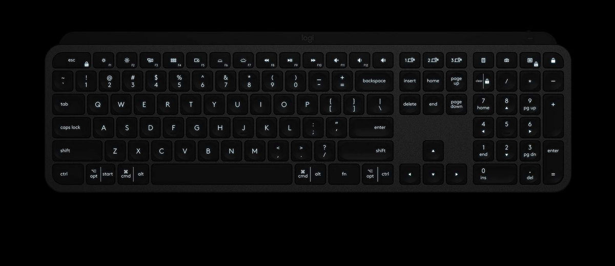 Logitech MX Keys Graphite illuminated keys close-up for low light use