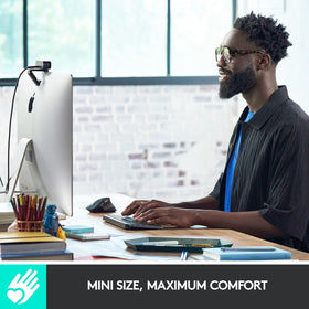 Logitech MX Keys Mini graphite backlit keys illuminated automatically for easier typing.