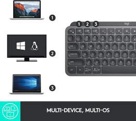 Logitech MX Keys Mini graphite compact design fits tight workspaces.