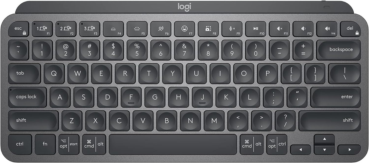 Logitech MX Keys Mini graphite front view highlights compact portable design for on-the-go productivity.