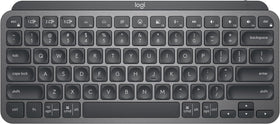 Logitech MX Keys Mini graphite front view highlights compact portable design for on-the-go productivity.