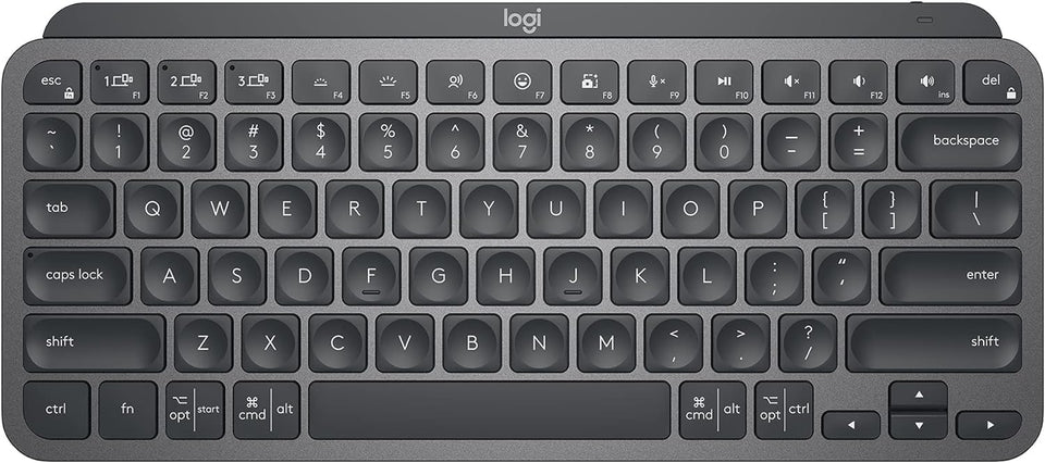 Logitech MX Keys Mini graphite front view highlights compact portable design for on-the-go productivity.