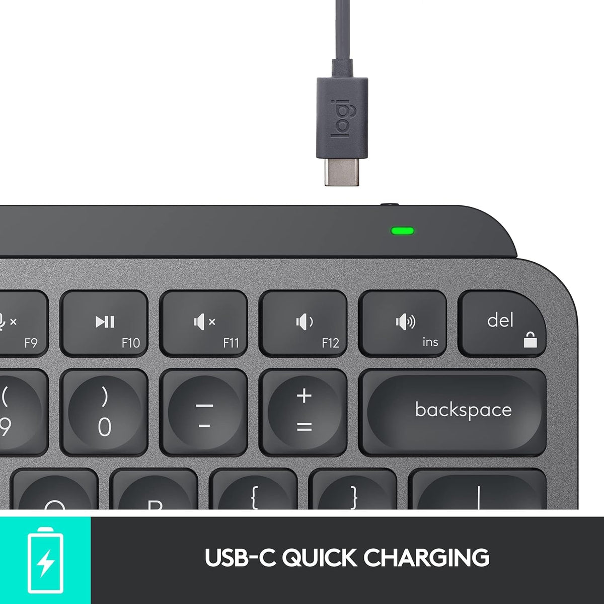 Logitech MX Keys Mini graphite keycaps detail enhances typing feel.