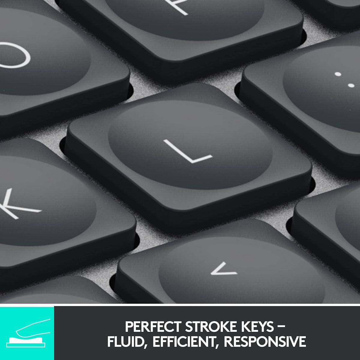 Logitech MX Keys Mini graphite side profile shows slim form for desk space efficiency.