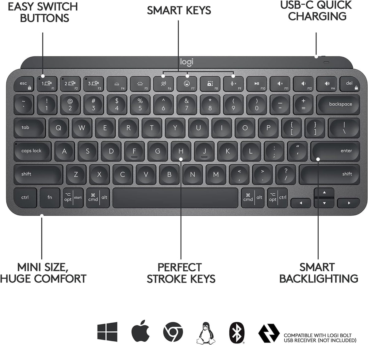 Logitech MX Keys Mini graphite USB-C rechargeable for long battery life.