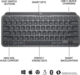 Logitech MX Keys Mini graphite USB-C rechargeable for long battery life.