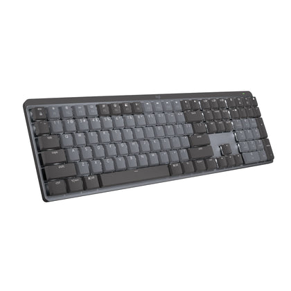 Logitech MX Mechanical keyboard front view with compact, low-profile keys for comfortable typing.