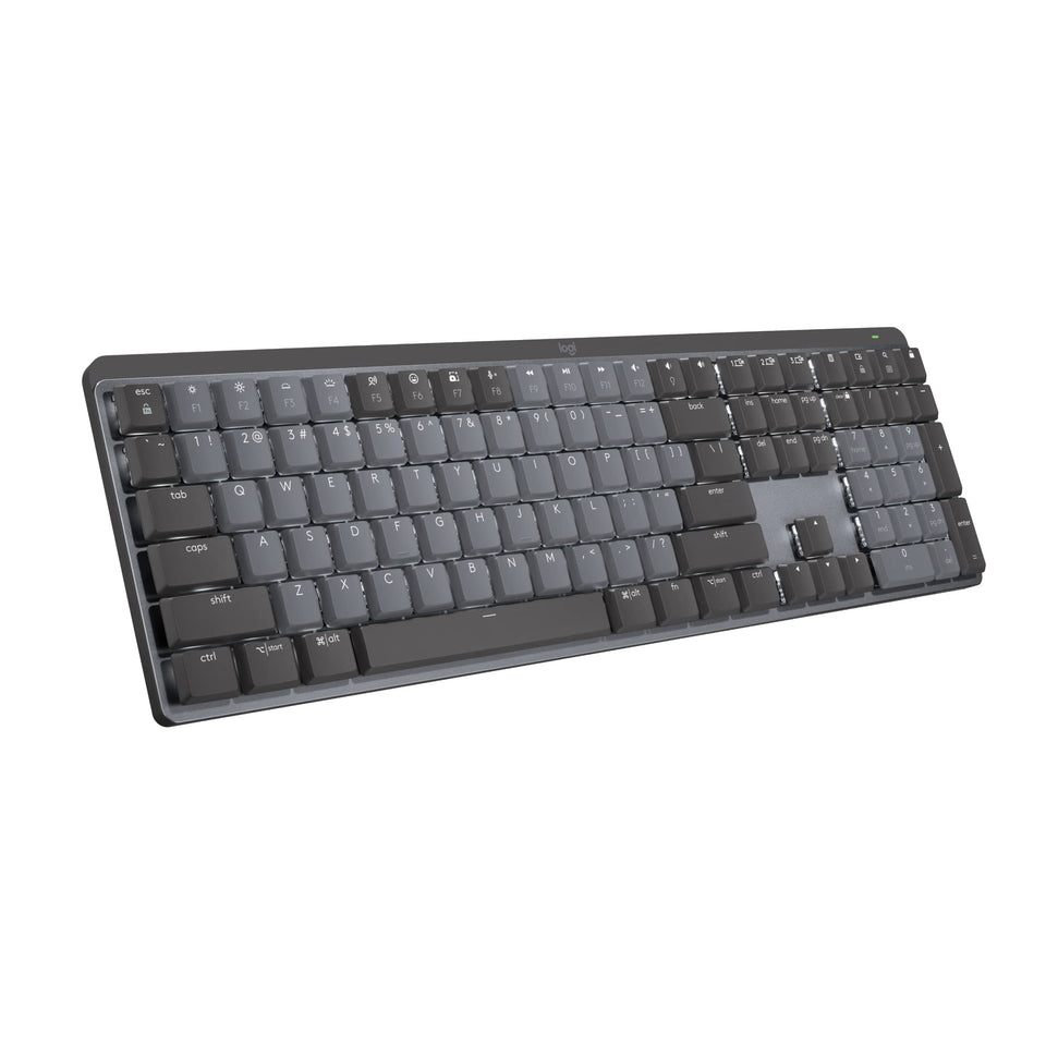 Logitech MX Mechanical keyboard front view with compact, low-profile keys for comfortable typing.