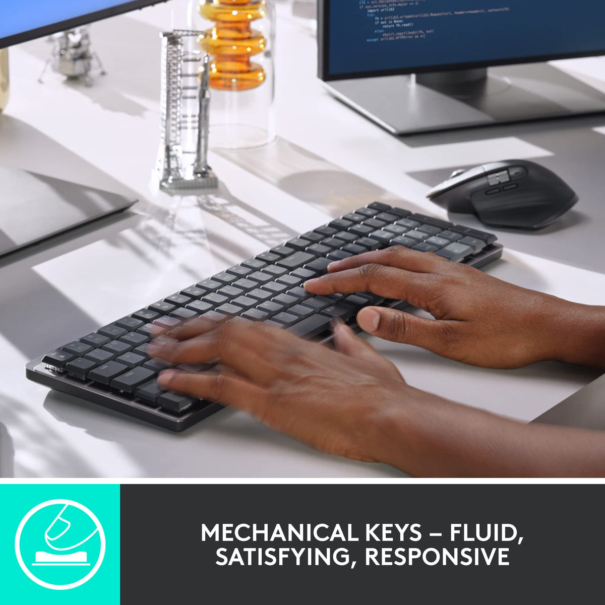 Logitech MX Mechanical illuminated keys shine in dim light for easy night typing.