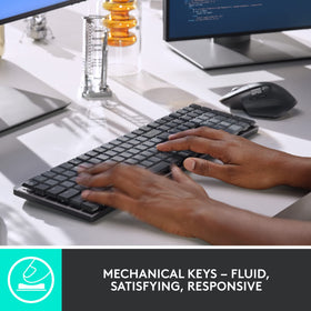 Logitech MX Mechanical illuminated keys shine in dim light for easy night typing.