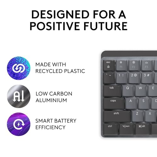 Logitech MX Mechanical Mini Keyboard carbon neutral badge highlights eco friendly materials.