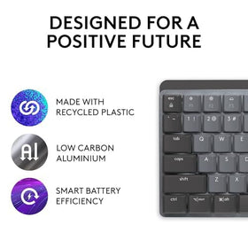 Logitech MX Mechanical Mini Keyboard carbon neutral badge highlights eco friendly materials.