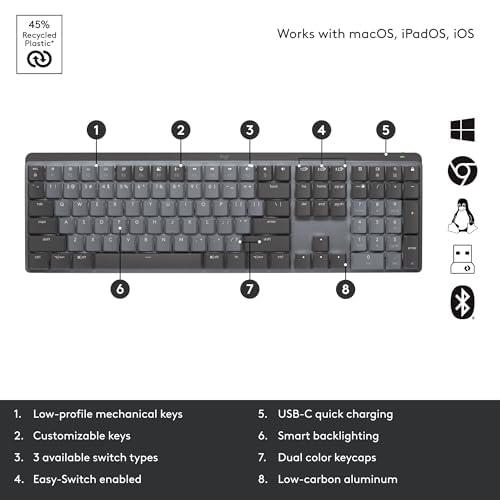 Logitech MX Mechanical Mini Keyboard on desk showing Flow multi-device capability.