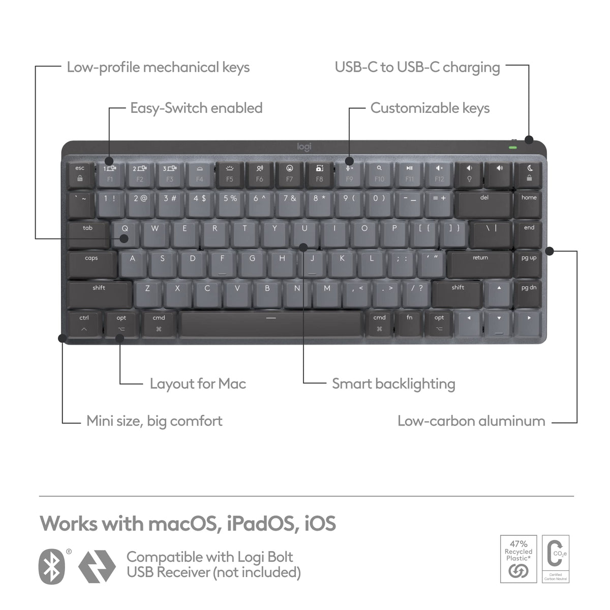 Logitech MX Mechanical Mini Mac keyboard backlit keys illuminated for low-light typing