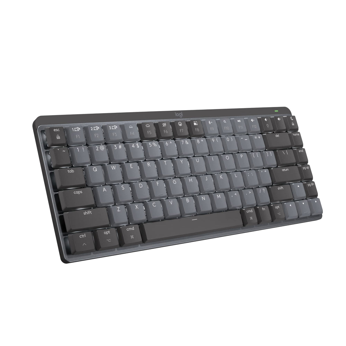 Logitech MX Mechanical Mini Mac keyboard front view showing sleek low-profile keys for comfortable typing