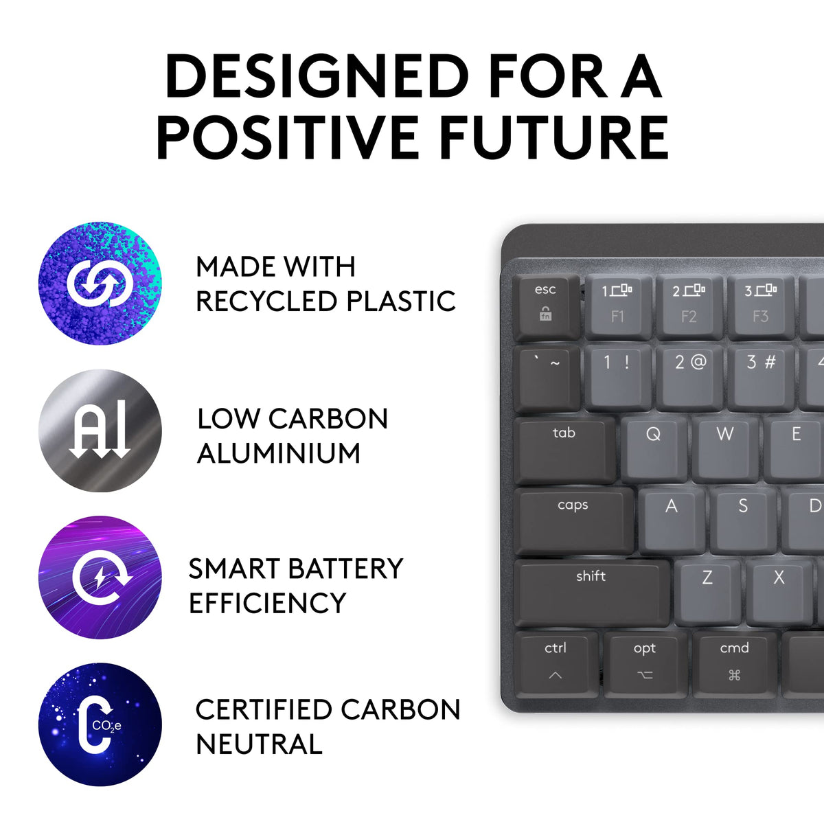 Logitech MX Mechanical Mini Mac keyboard side profile emphasizing ergonomic low-profile keys and quiet tactile feel