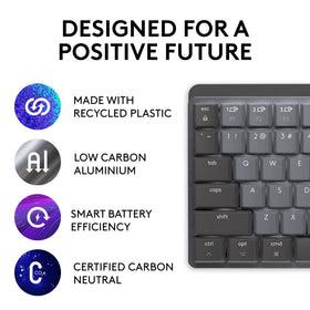 Logitech MX Mechanical Mini Mac keyboard side profile emphasizing ergonomic low-profile keys and quiet tactile feel