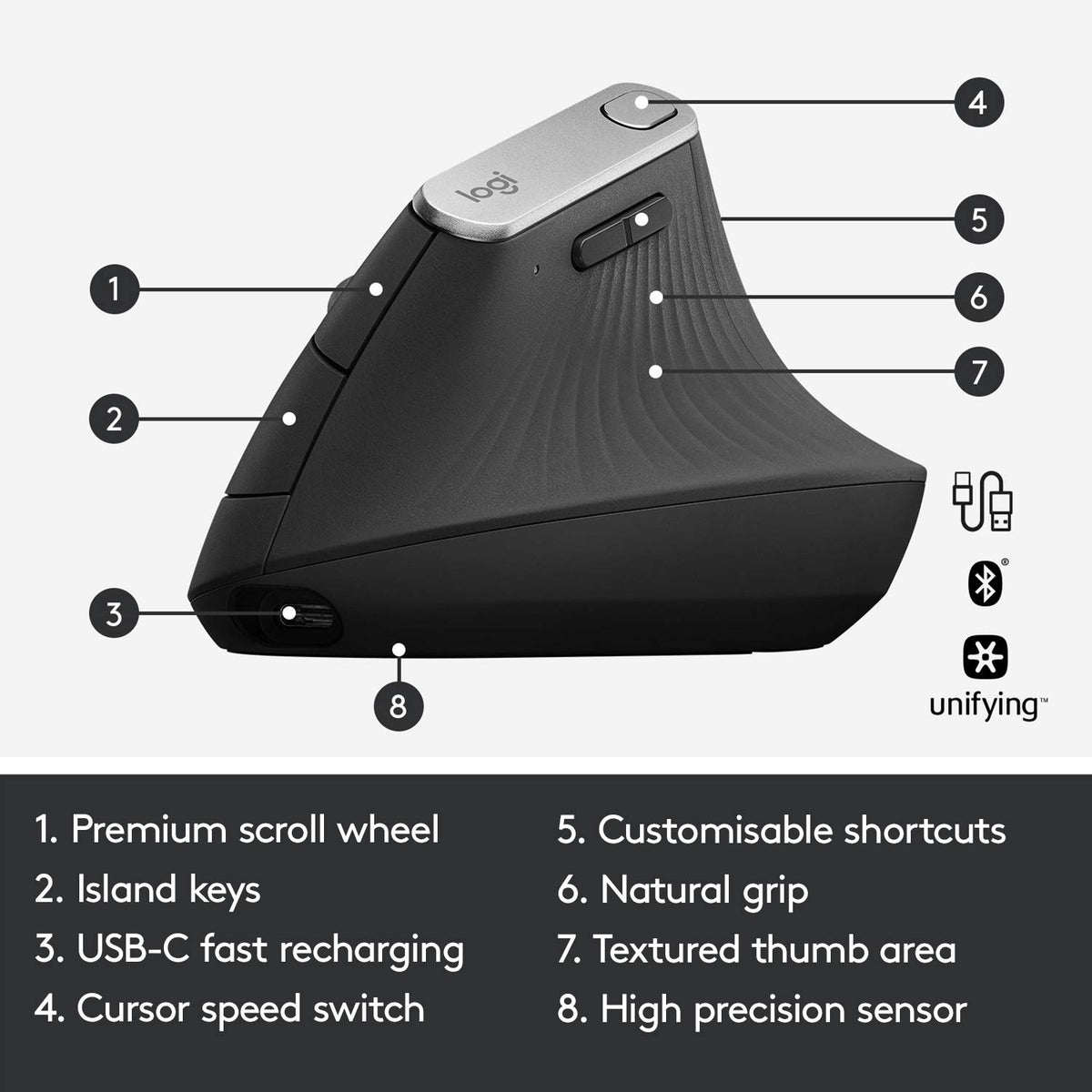 Logitech MX Vertical connects via Bluetooth or USB receiver for versatile setups.