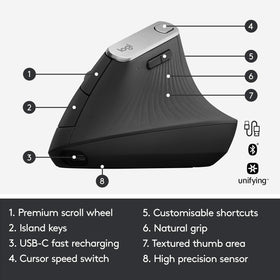 Logitech MX Vertical connects via Bluetooth or USB receiver for versatile setups.