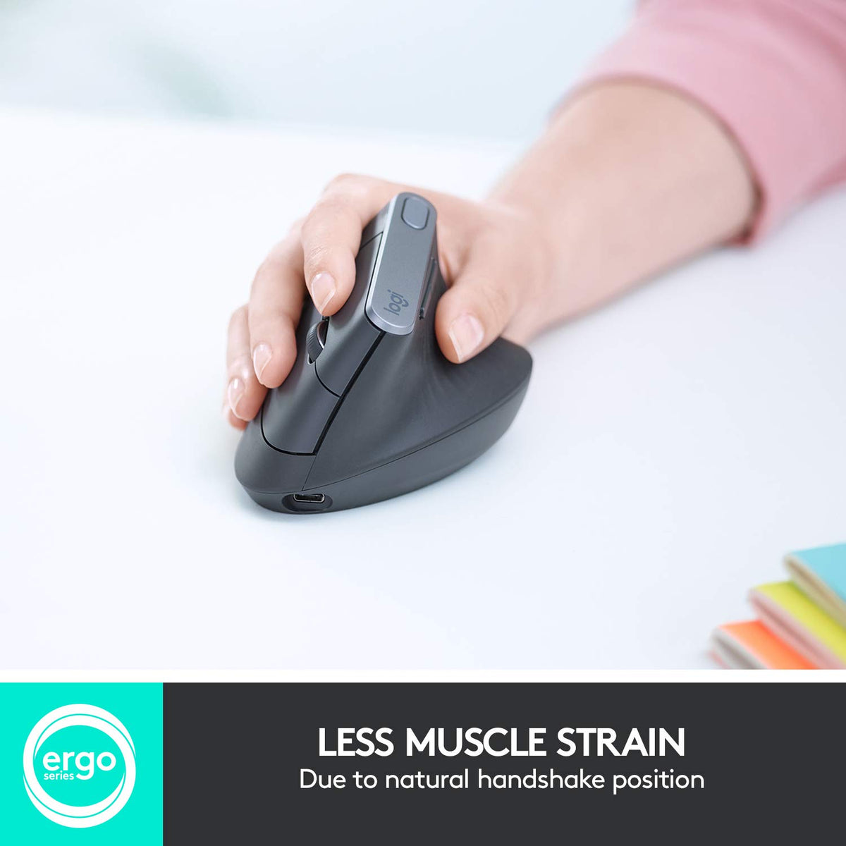 Logitech MX Vertical on a clean desk setup enabling effortless wireless work.