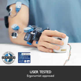 Logitech MX Vertical hand-positioning in angled design for comfortable work.