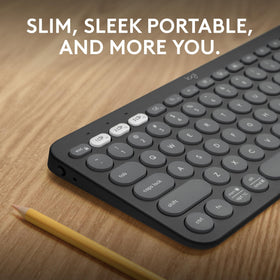 Logitech Pebble Keys 2 close-up of rounded keys demonstrating quiet comfortable typing