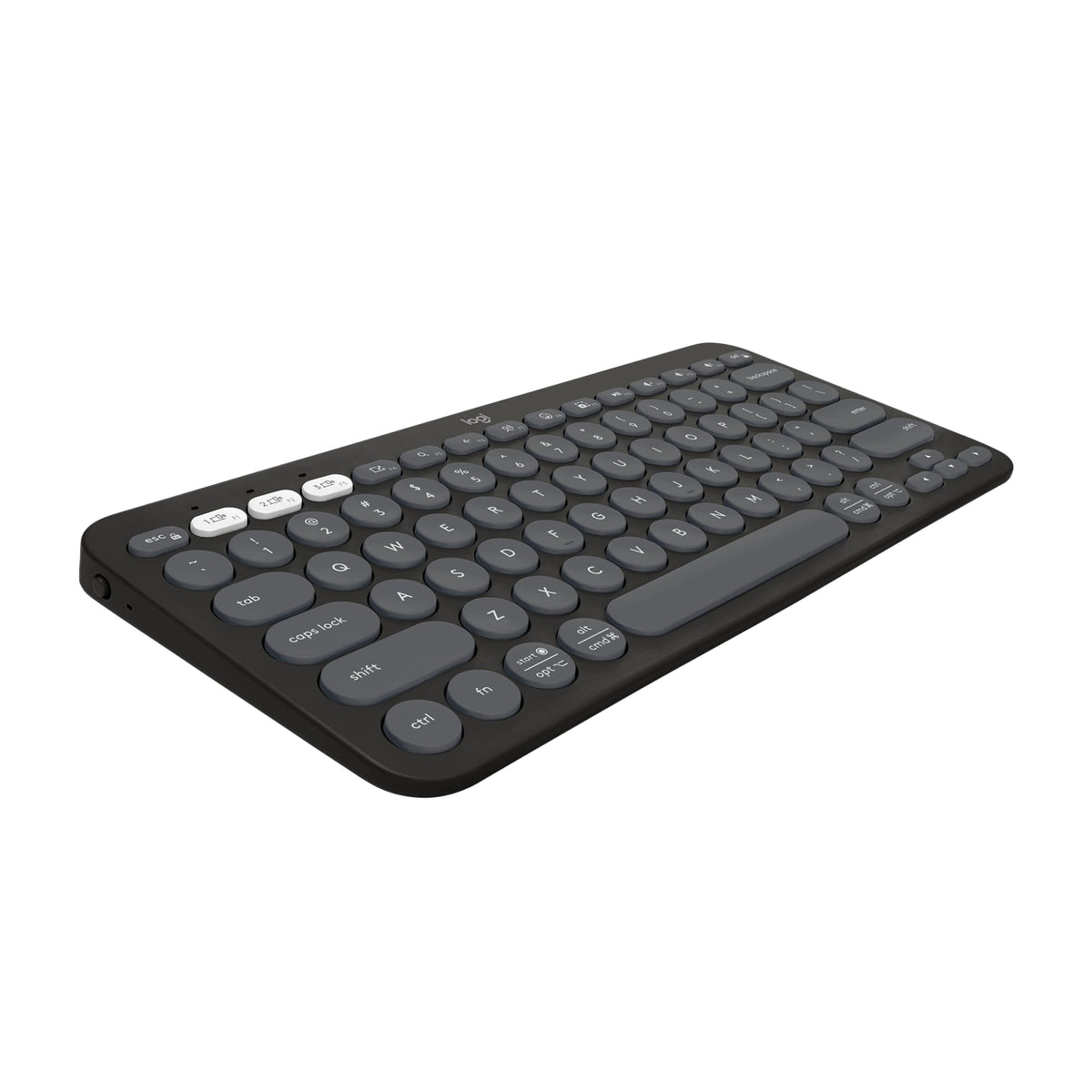 Logitech Pebble Keys 2 front view showing layout and Tonal Graphite finish and compact portability
