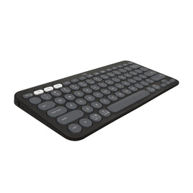 Logitech Pebble Keys 2 front view showing layout and Tonal Graphite finish and compact portability