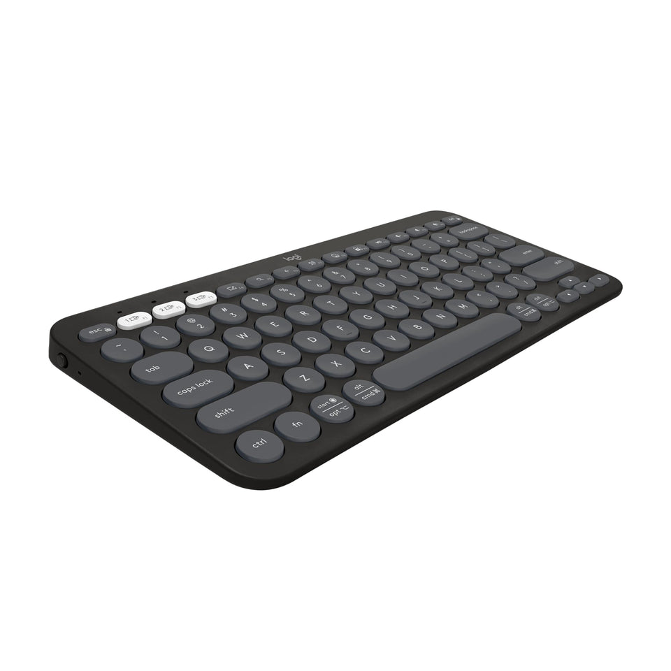 Logitech Pebble Keys 2 front view showing layout and Tonal Graphite finish and compact portability