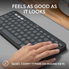 Logitech Pebble Keys 2 used with laptop and tablet showing fast multi-device switching