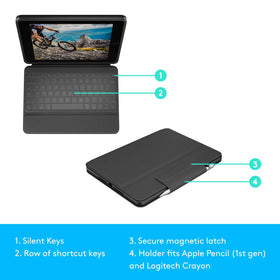 Logitech Rugged Folio next to notebook to show compact size and portability