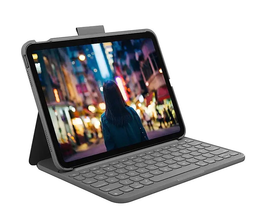 Logitech Slim Folio front view showing full keyboard and protective cover benefit