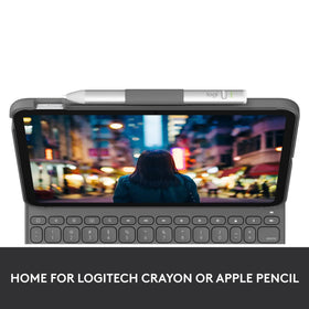 Logitech size comparison showing Slim Folio thin profile and portability benefit