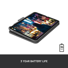 Logitech Slim Folio held at typing angle showing stability and lap use benefit