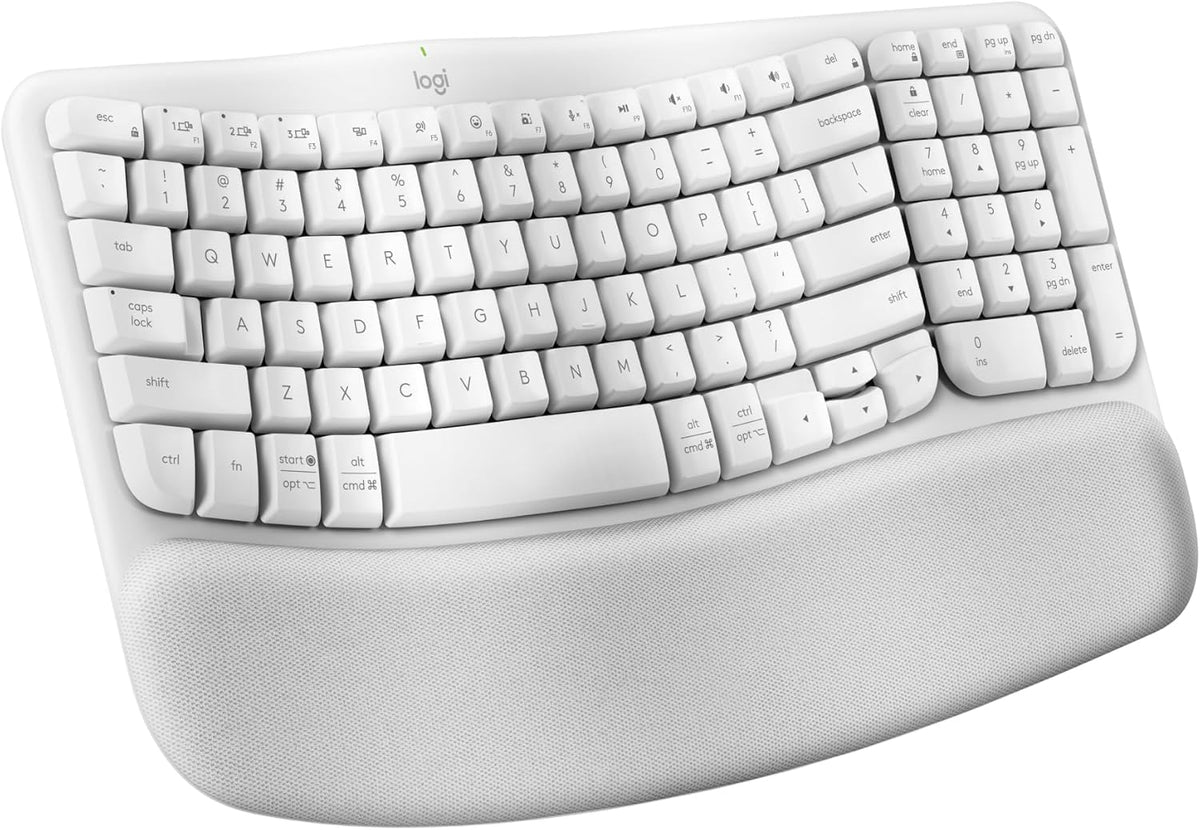Logitech Wave Keys front profile showing cushioned palm rest and compact layout for comfort
