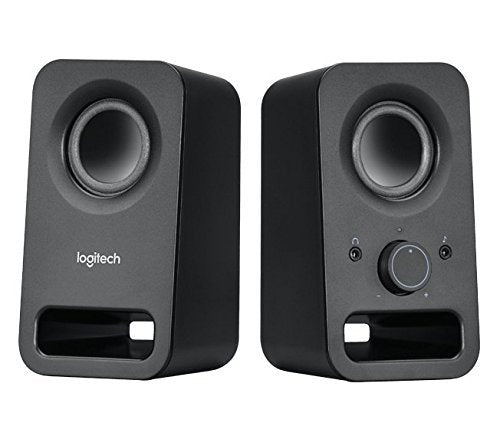 Logitech Z150 front view on desk showing compact black speakers and clear stereo placement benefit