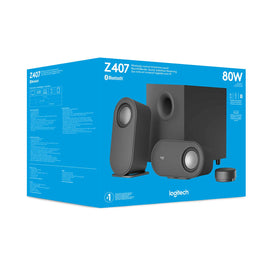 Logitech Z407 desk setup ready for music, movies, and gaming sessions.