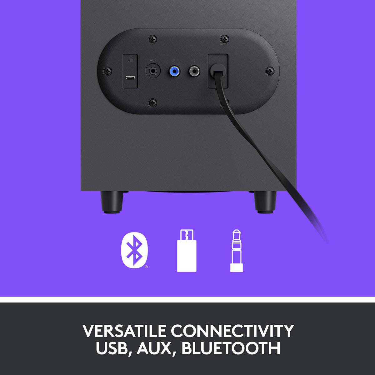 Logitech Z407 supports Bluetooth, micro USB, and 3.5 mm inputs for flexible setup.