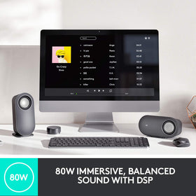 Logitech Z407 subwoofer close-up highlighting deep bass and DSP clarity.