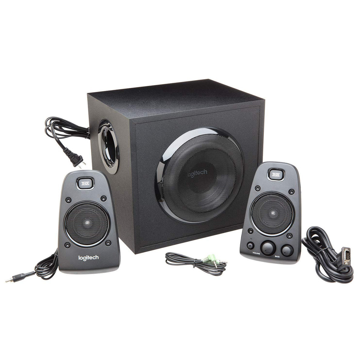 Logitech Z623 cable connections showing easy device swapping and setup
