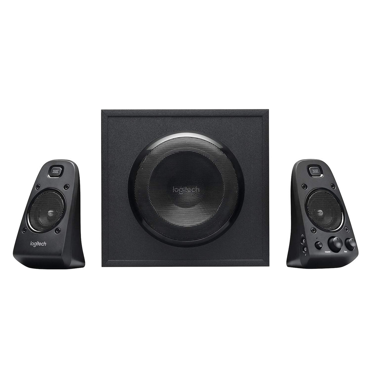 Logitech Z623 front view showing the 2.1 system ready for immersive listening at your desk