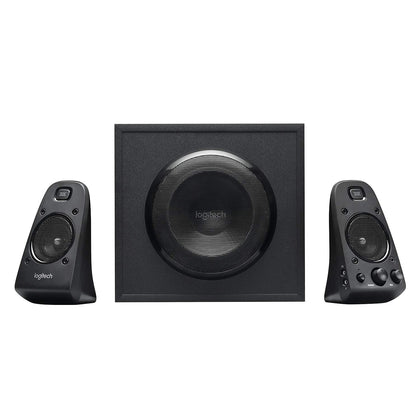 Logitech Z623 front view showing the 2.1 system ready for immersive listening at your desk