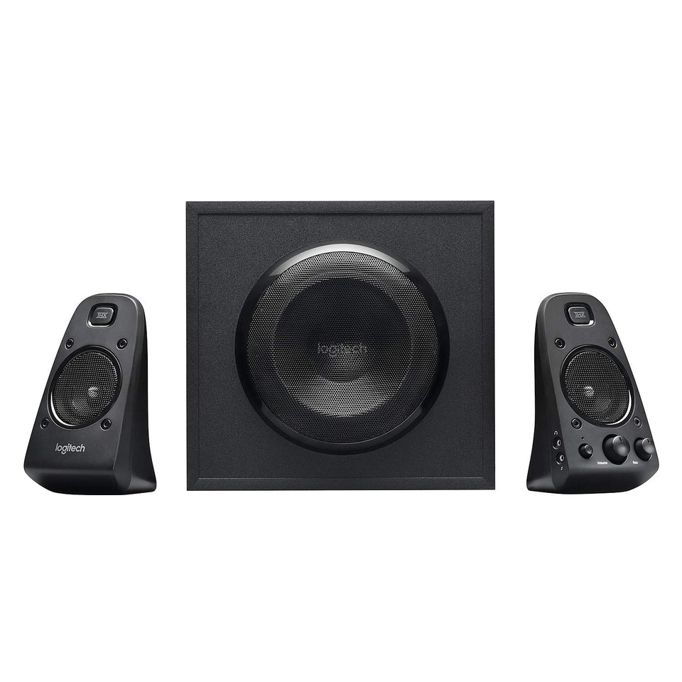 Logitech Z623 front view showing the 2.1 system ready for immersive listening at your desk