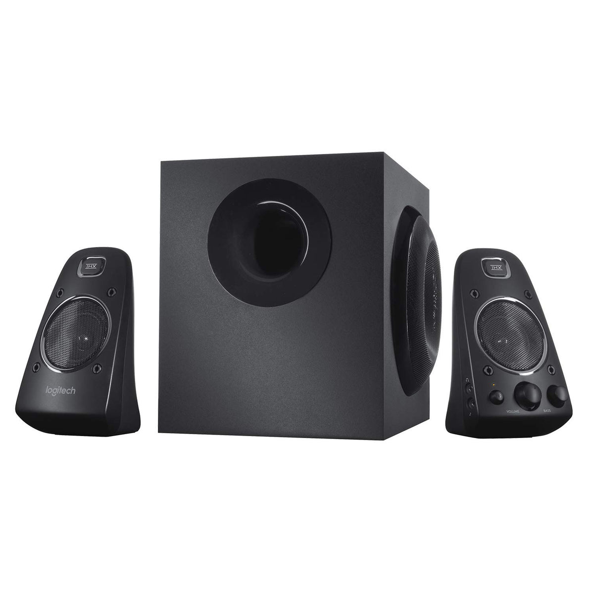 Logitech Z623 subwoofer close-up illustrating deep bass for movies and games