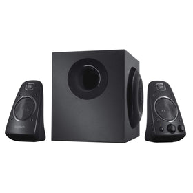 Logitech Z623 subwoofer close-up illustrating deep bass for movies and games