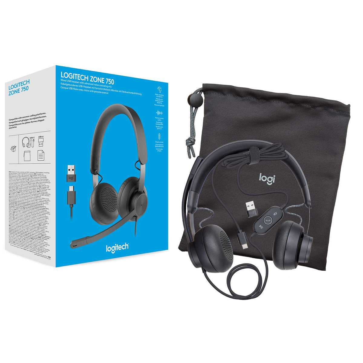 Logitech Zone 750 lightweight, comfortable design for long meetings.